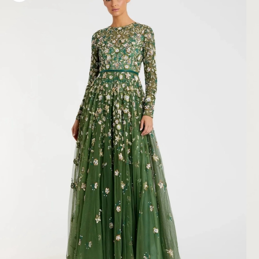 Mac Duggal Green Floral Long Sleeve Gown